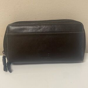 Genuine Leather Womens Black Long Zip Around Wallet with Nylon Interior